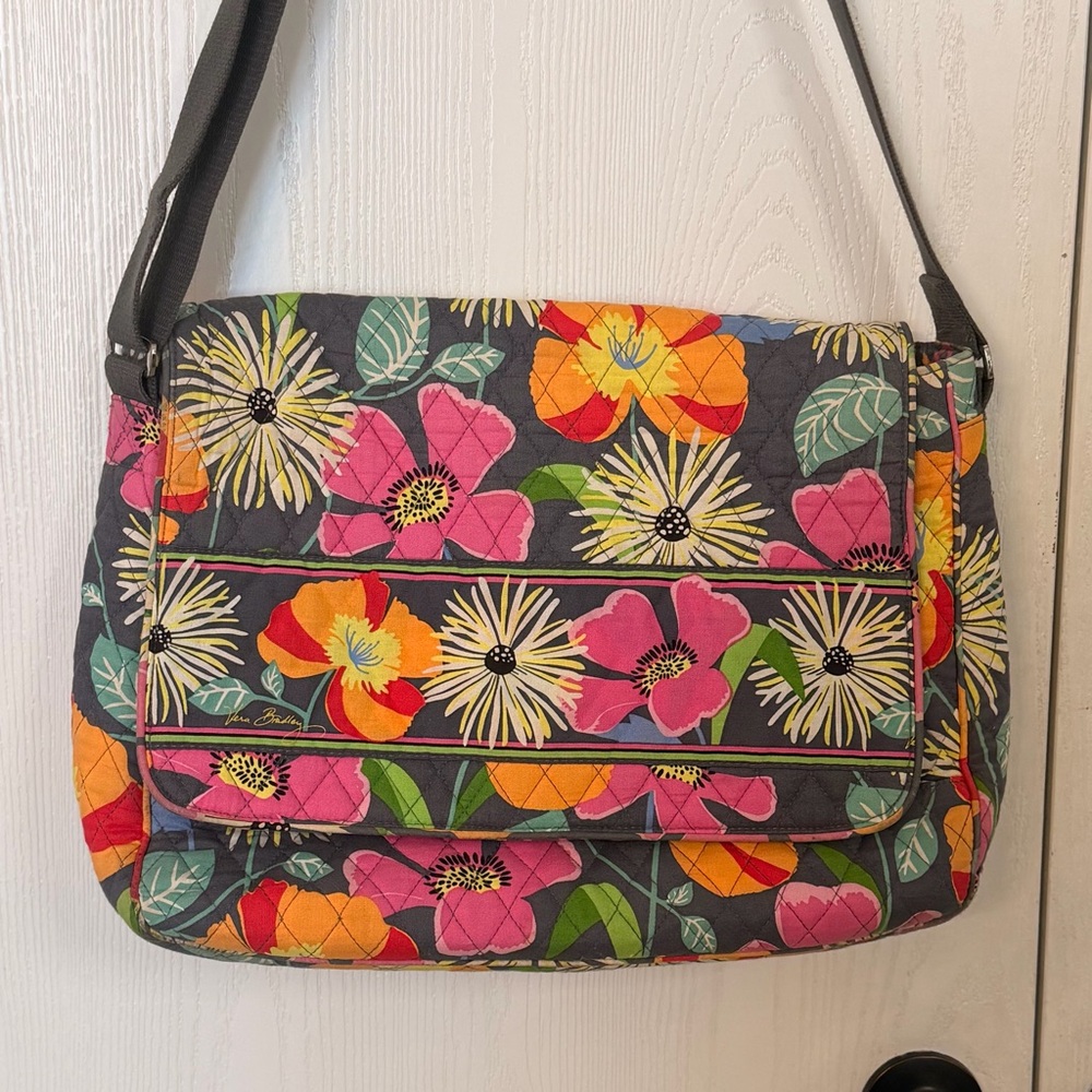 Vera Bradley Quilted Floral Crossbody Bag in Charcoal with Pink Orange Flowers